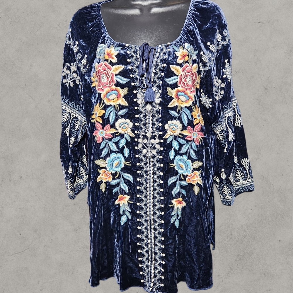 Johnny Was Blue Velvet Tunic Top Peasant Blouse Embroidered Mini Dress